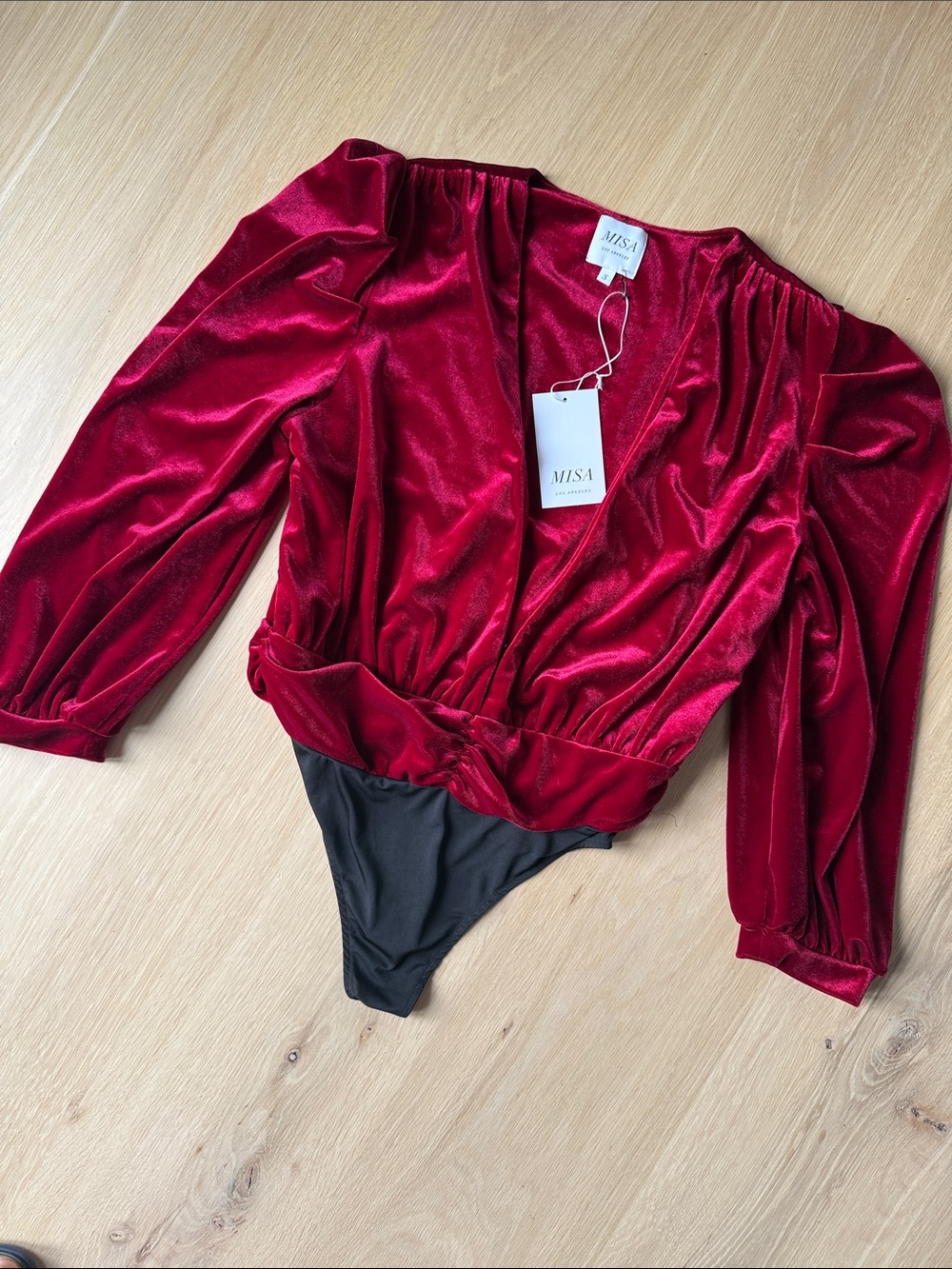 NWT Misa Los Angeles Red Velvet Wrap Bodysuit with Puff Sleeves
